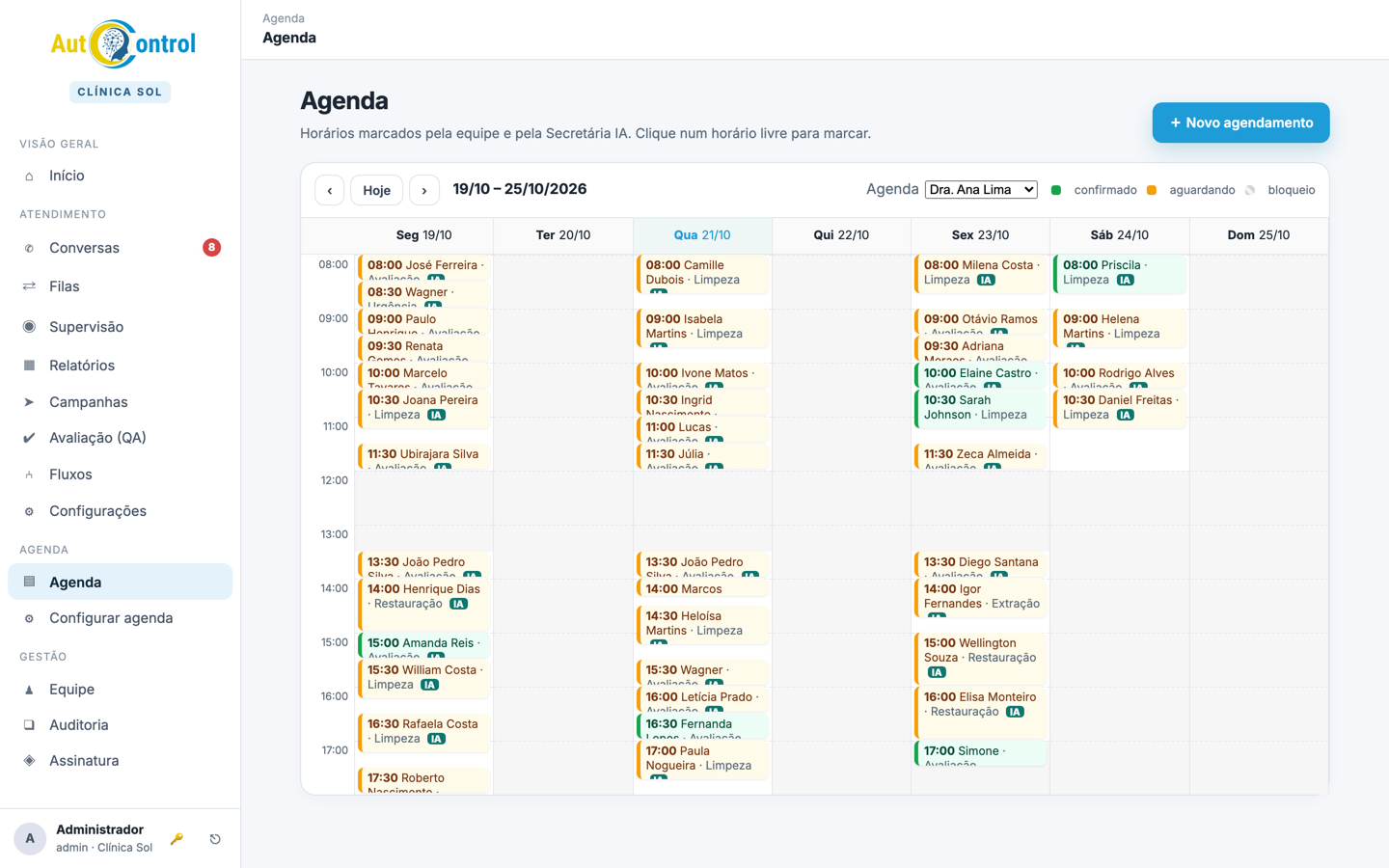 Agenda semanal do Concierge com horários marcados pela IA e pela equipe